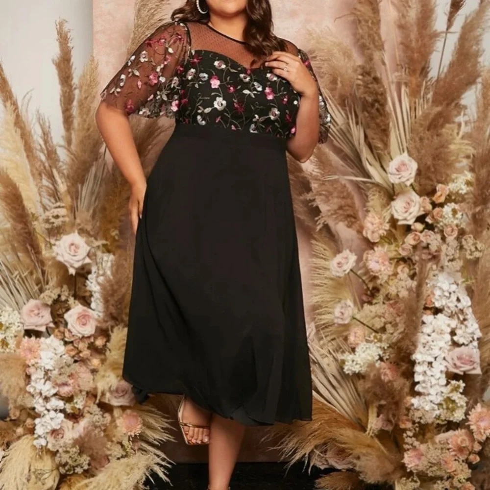 Black  floral  embroidered mesh party holidays dress